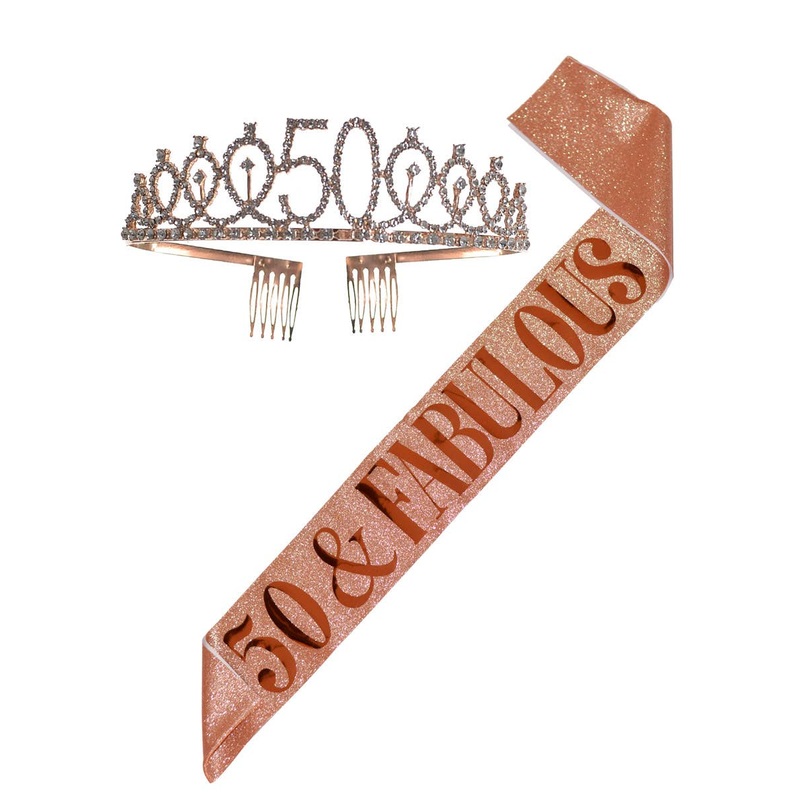 50 & Fabulous Rose Gold Glitter Sash and Tiara Set