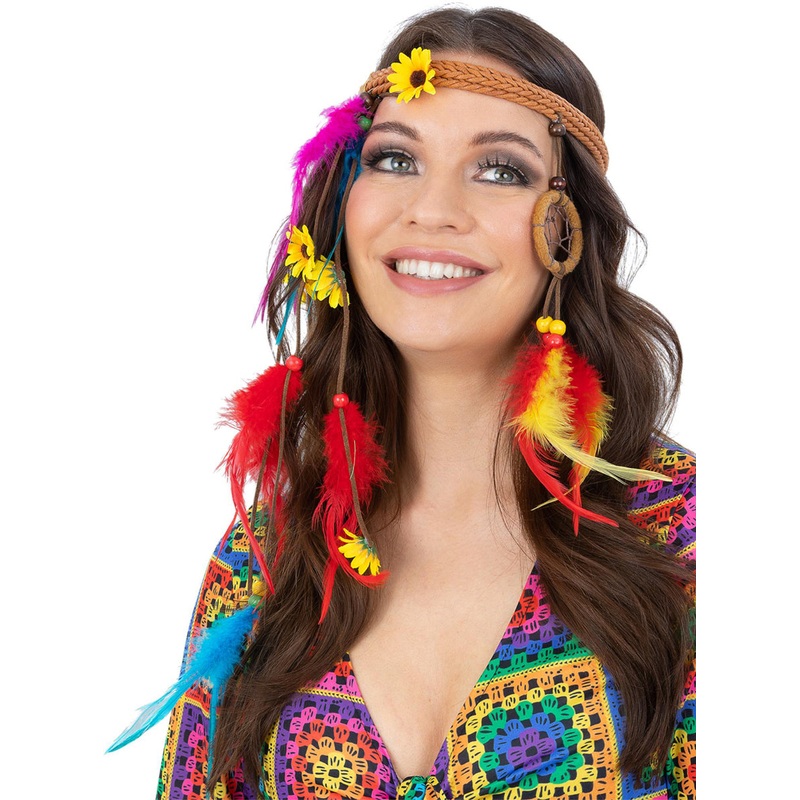 Dreamcatcher And Feathers Womens 60s Hippie Costume Headdress