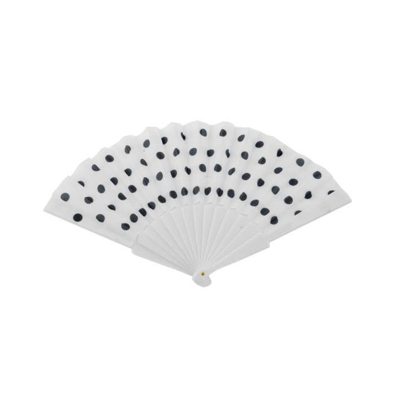 Hand Held White Costume Fan with Black Polka Dots