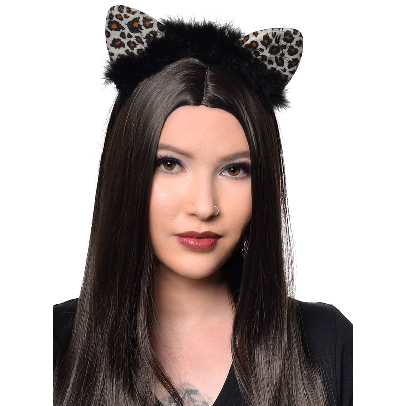 Light Up Snow Leopard Print Cat Ears with Black Feather Trim