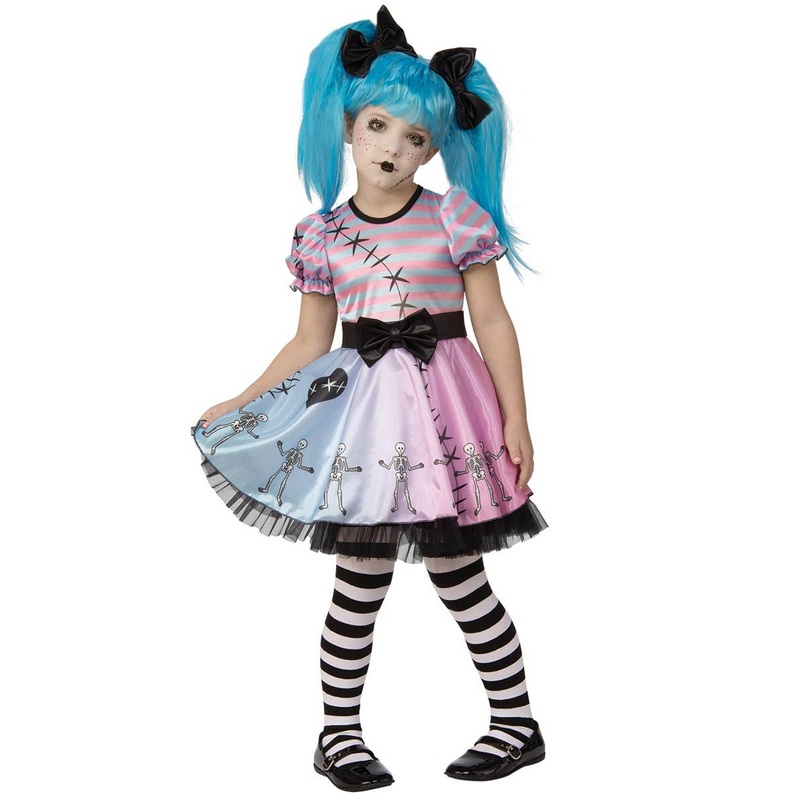 Little Blue Skelly Doll Girls Halloween Fancy Dress Costume
