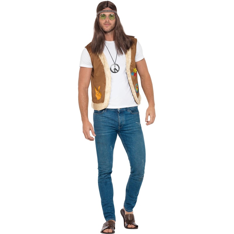 Peace Out 1960s Mens Brown Faux Fur Trimmed Hippie Costume Vest