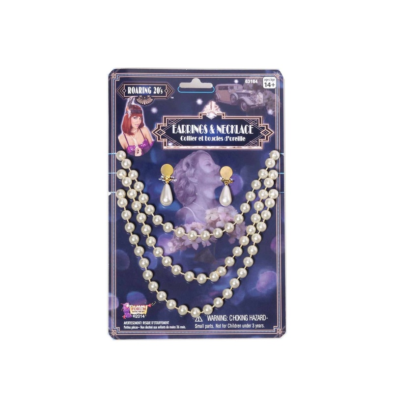 Roaring 20s Womens Pearl Clip On Earrings And Necklace Set