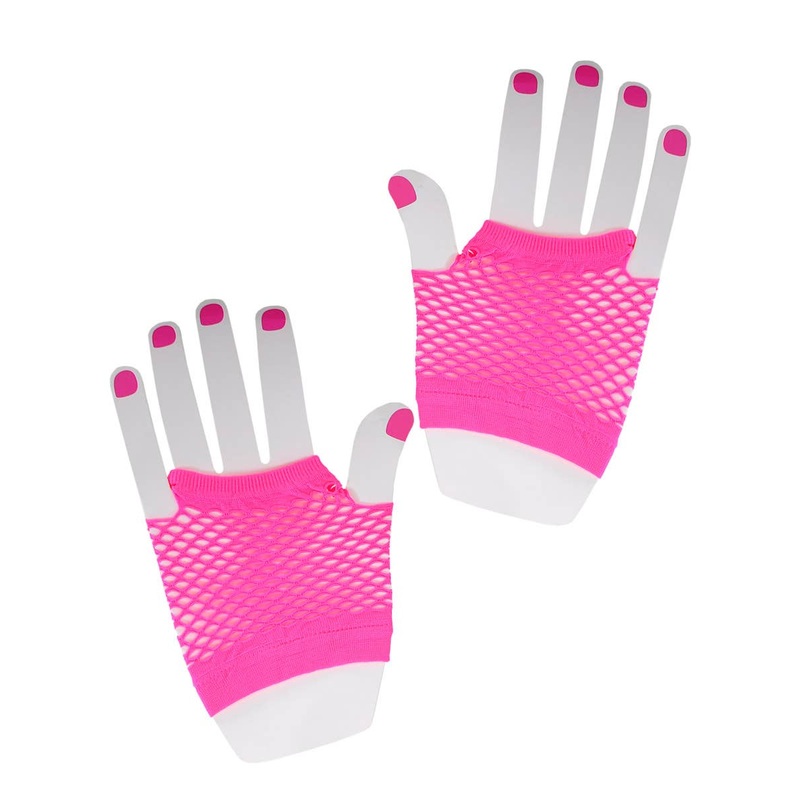 Short Neon Pink 1980s Fishnet Costume Gloves