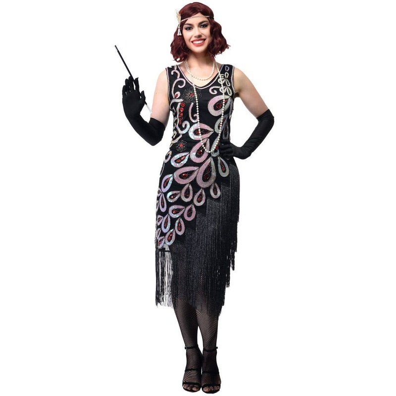 Sparkly Black Plus Size Womens 1920s Dress with Asymmetrical Fringe