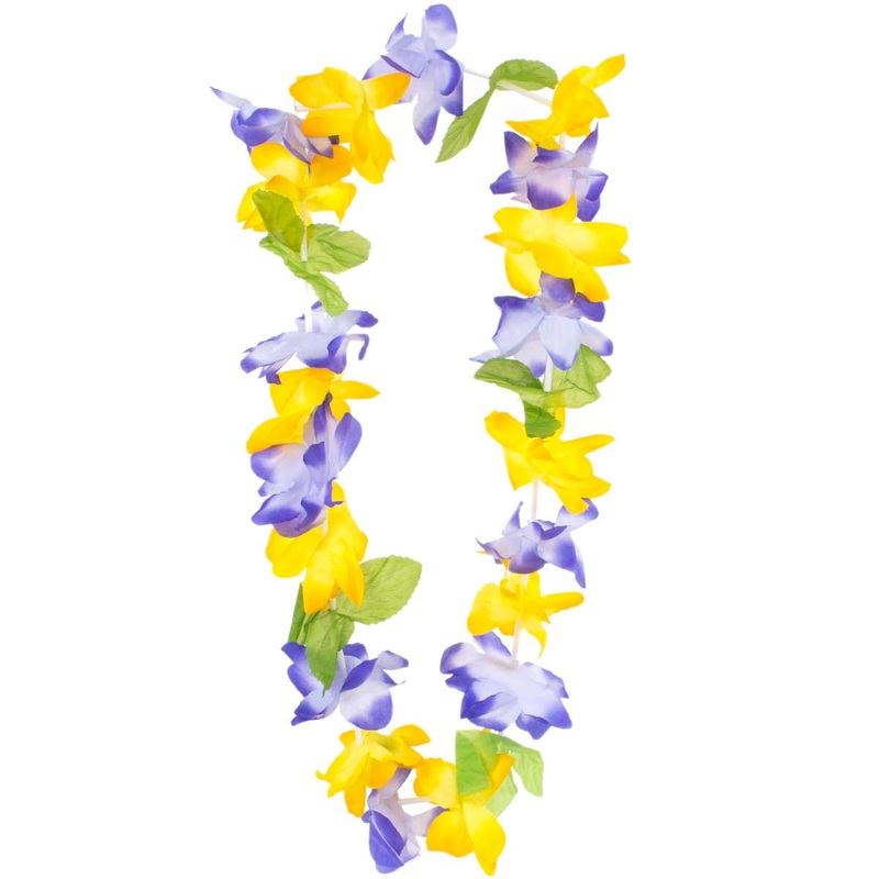Tropical Yellow and Purple Hawaiian Lei with Leaves