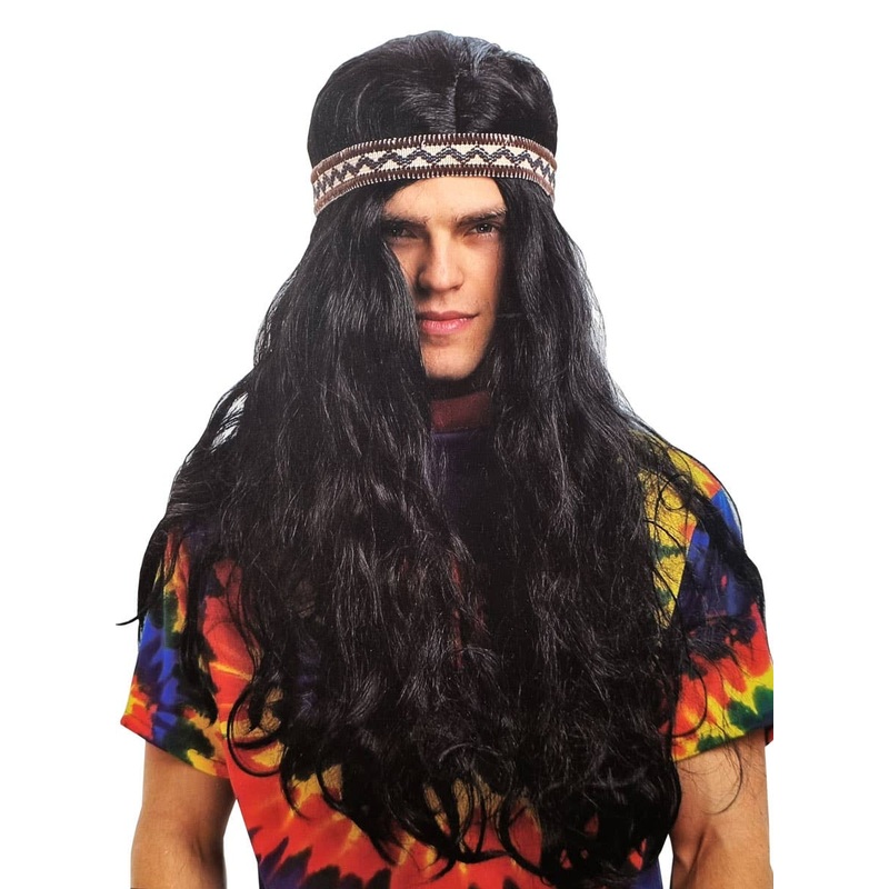 70s Hippie Man Long Black Costume Wig with Headband