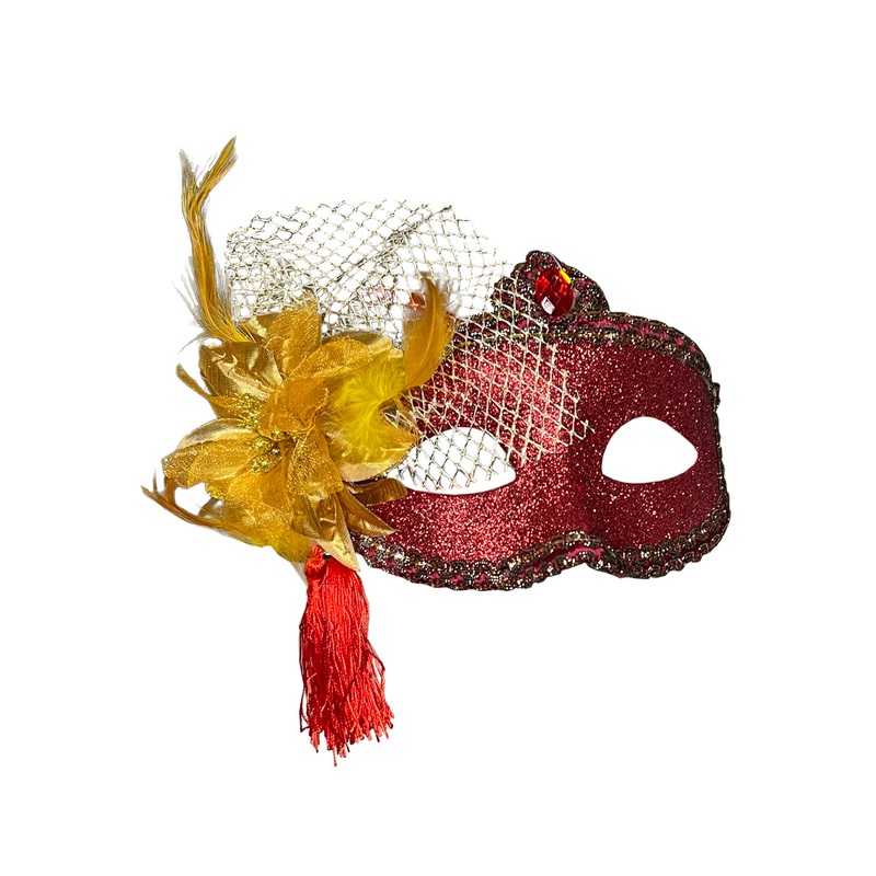 Celebration Red Glitter Masquerade Mask With Gold Flower