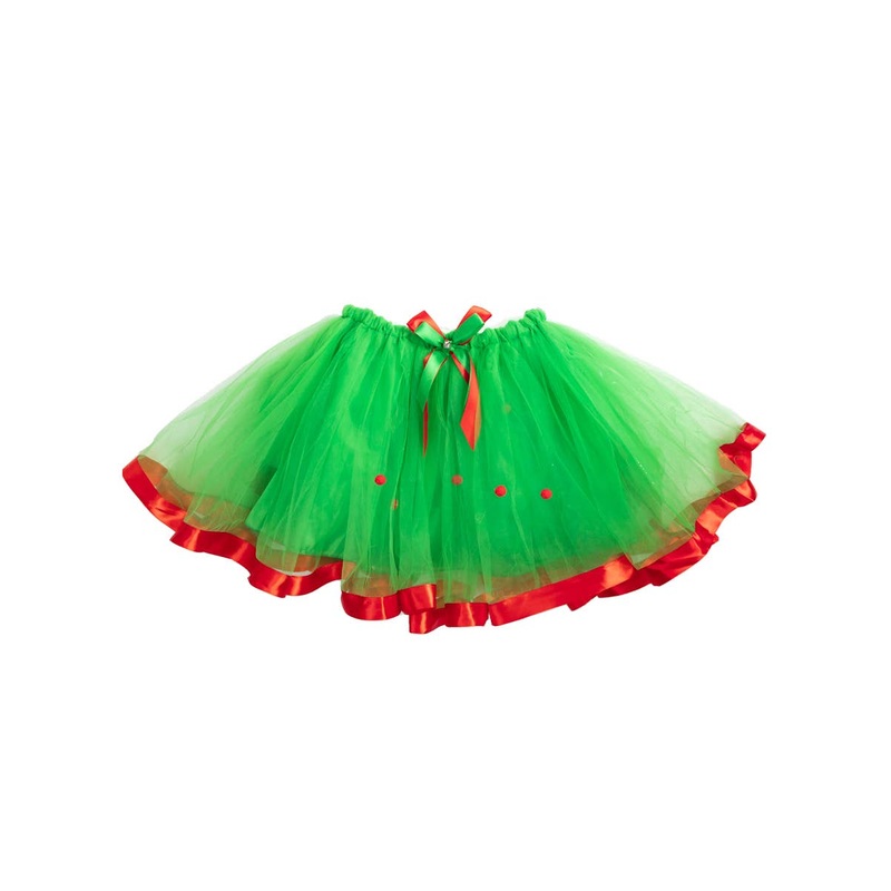 Festive Womens Green Christmas Tutu with Red Ribbon