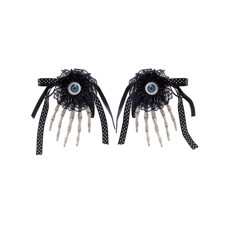Lacy Black Skeleton Hands with Eyeballs Halloween Hair Clip Accessory