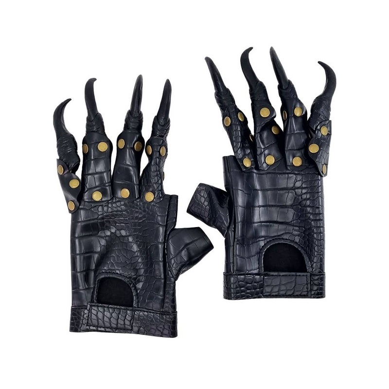 Leather Look Black Scale Print Costume Gloves with Rubber Claws
