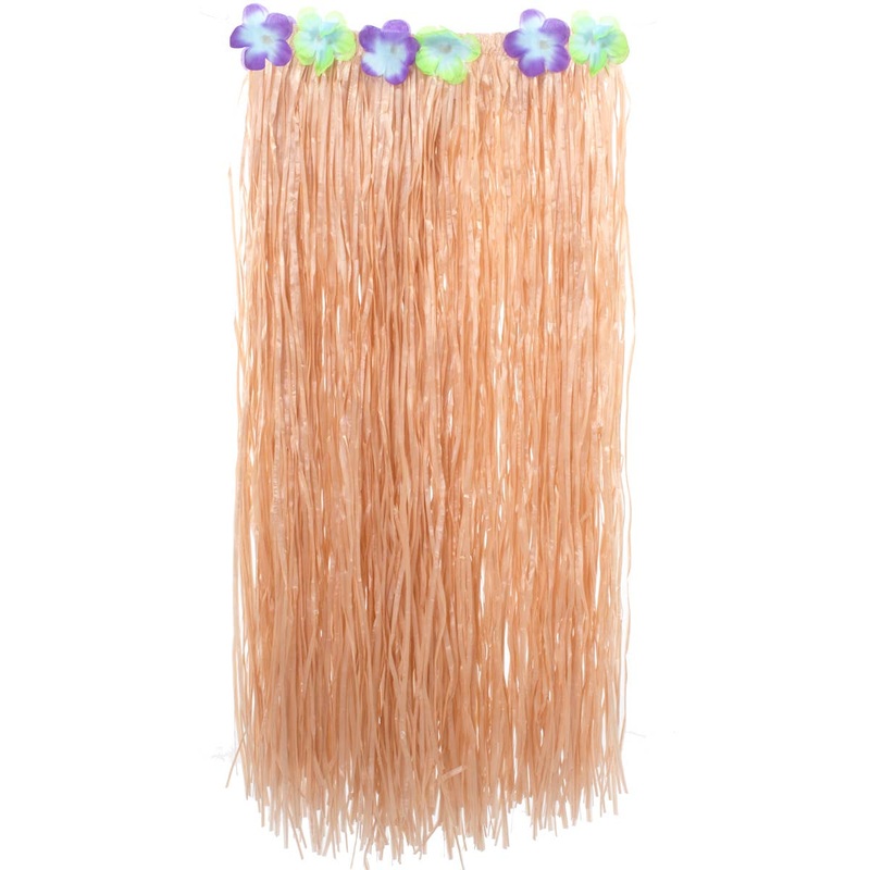 Long Natural Grass Hawaiian Skirt with Green and Purple Flowers
