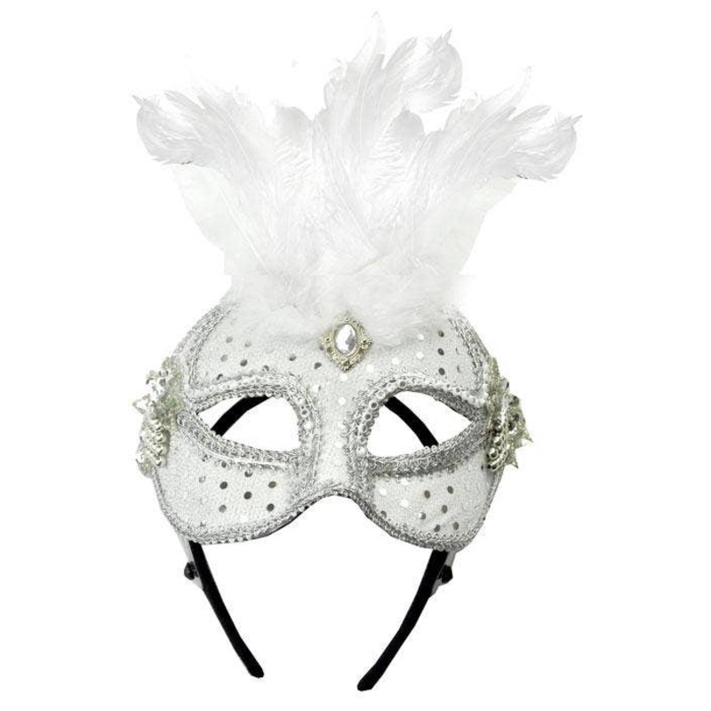 Luxury White Mesh and Feather Masquerade Mask on Headband