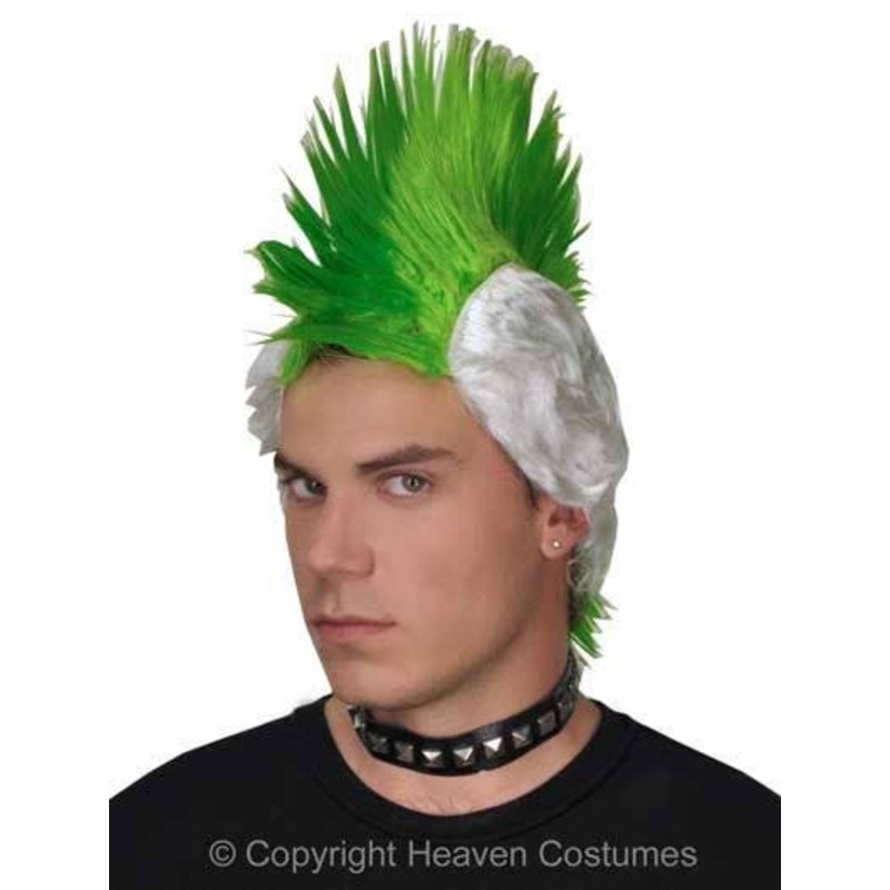 Punk Mohawk Green and White Mens Costume Wig