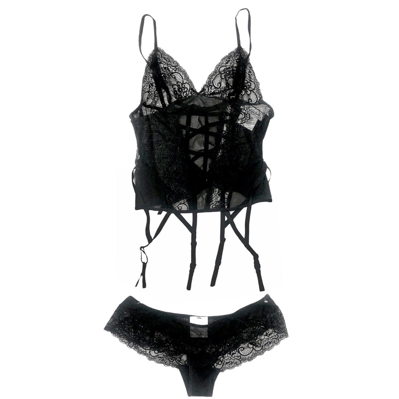 Sexy Black Stretchy lace Corset Set Womens - Size Large