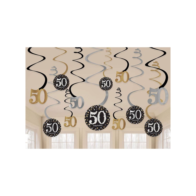 50th Birthday Black and Gold Hanging Spirals Decoration