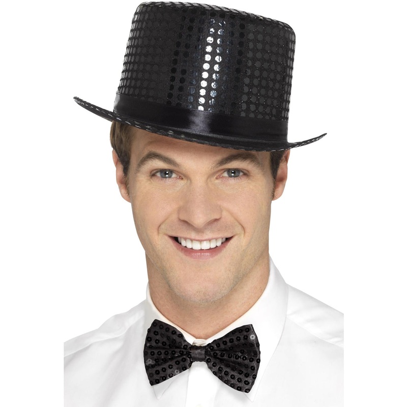 Adults Black Sequin Top Hat with Satin Hat Band