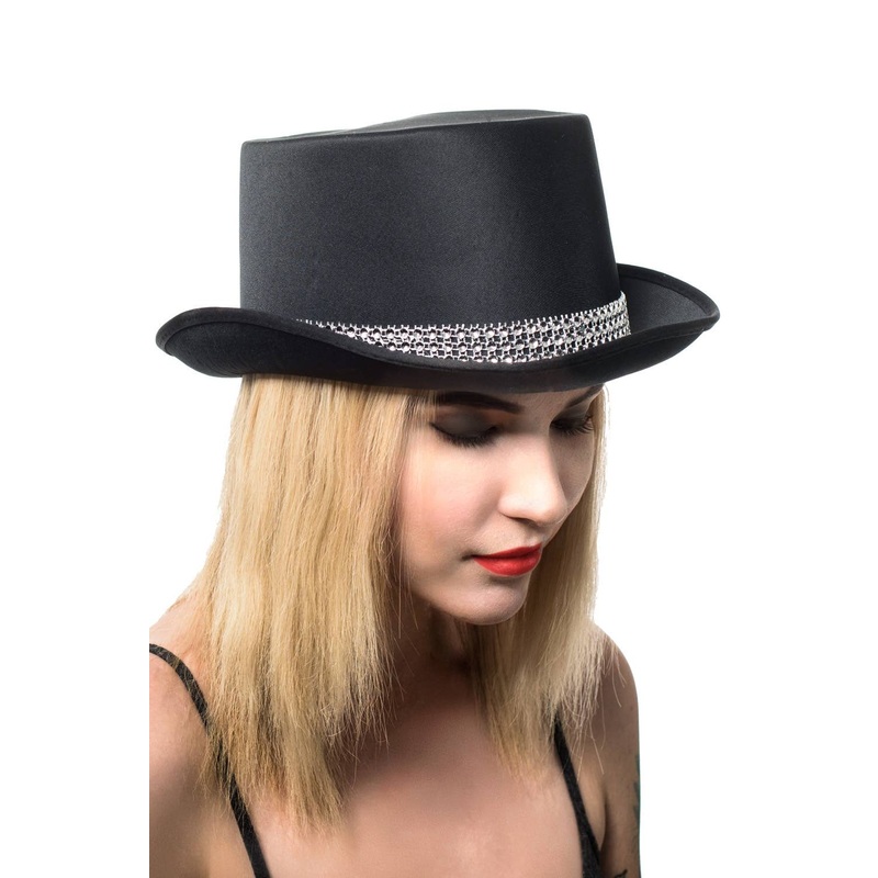 Cabaret Black Satin Top Hat with Rhinestone Band