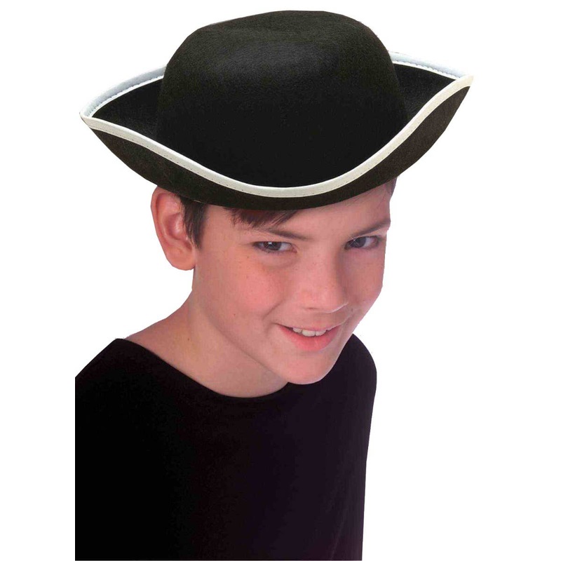 Colonial Black Tricorn Kids Costume Hat with White Trim