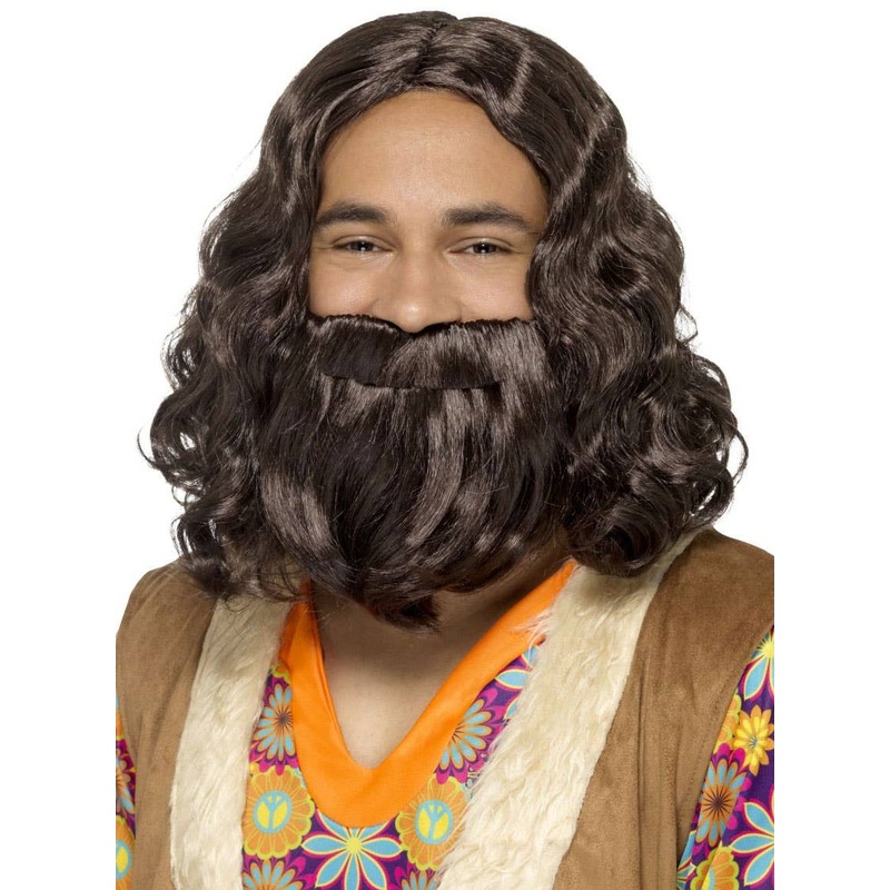 Curly Brown 1970s Mens Hippie Costume Wig and Beard Set