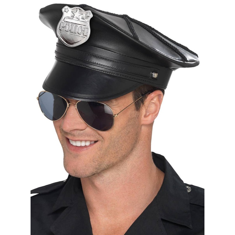 Deluxe Black Leather Look Mens Police Costume Hat