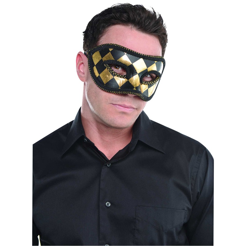 Harlequin Mens Black and Gold Checkered Masquerade Mask