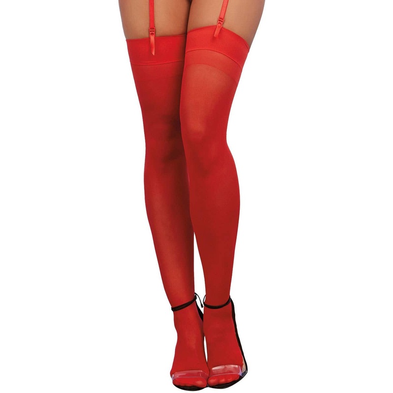 Plain Top Sheer Red Thigh High Stockings with Back Seam