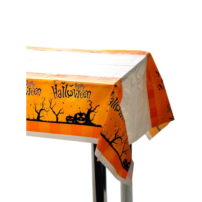 Plastic Orange and White Happy Halloween Table Cover