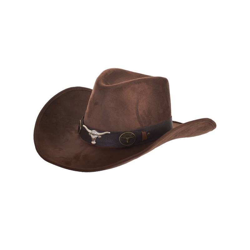 Rodeo Brown Faux Suede Cowboy Hat with Bull Embellishments