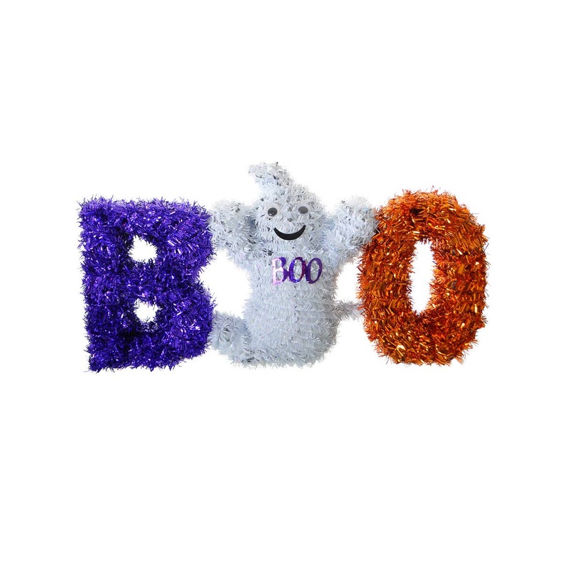 Boo Purple White and Orange Tinsel Halloween Decoration