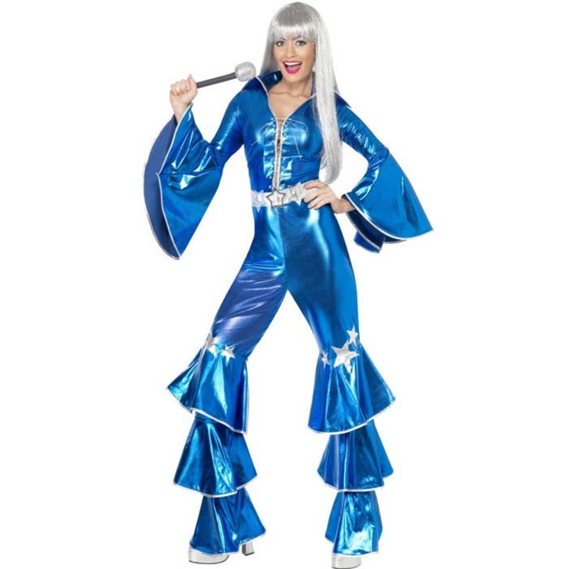 Dancing Queen Womens Blue 70s Disco Jumpsuit Costume