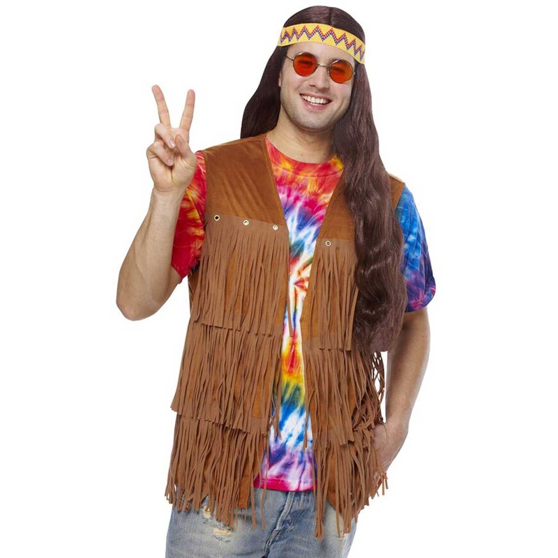 Fringed Brown Mens 1960s Hippie Costume Vest
