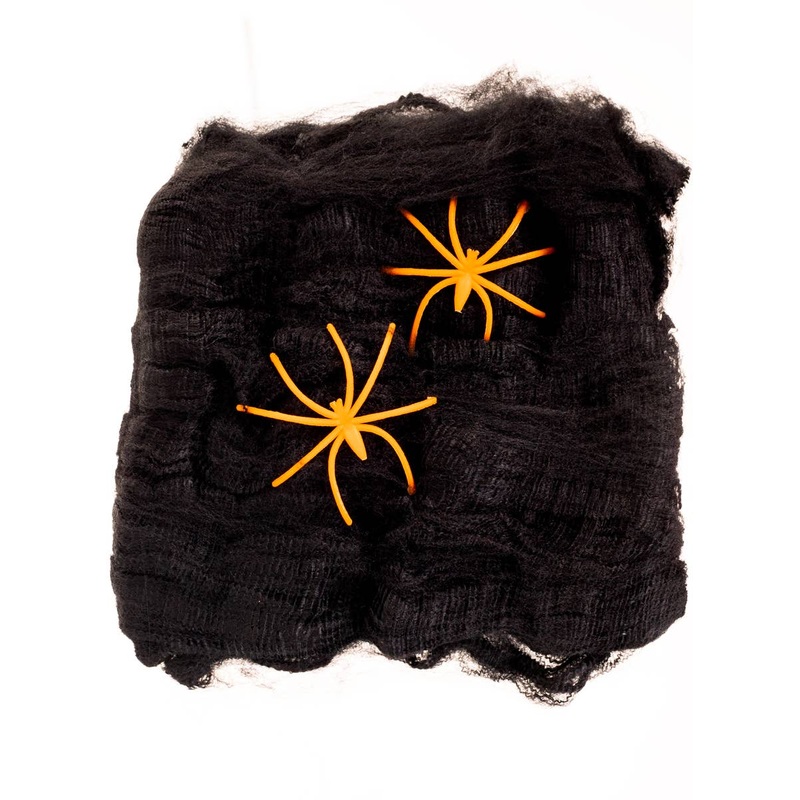 Stretchable Black Spiderweb Halloween Decoration with 2 Orange Spiders