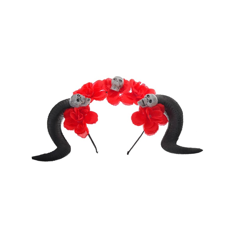Black Goat Horns on Red Floral Headband with Skulls