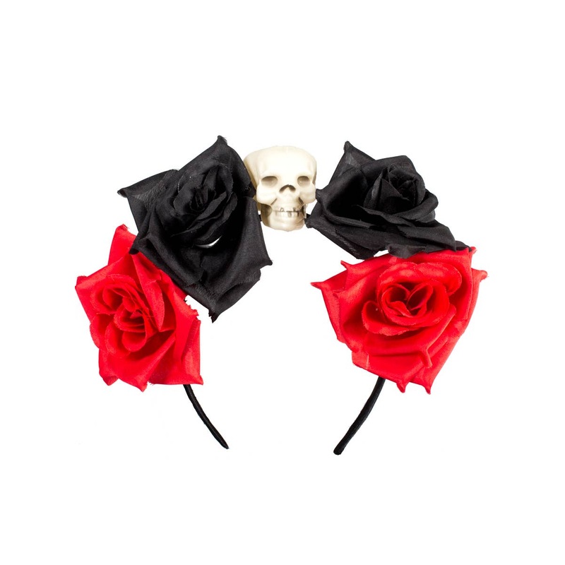 Day of the Dead Skull Headband with Red and Black Roses