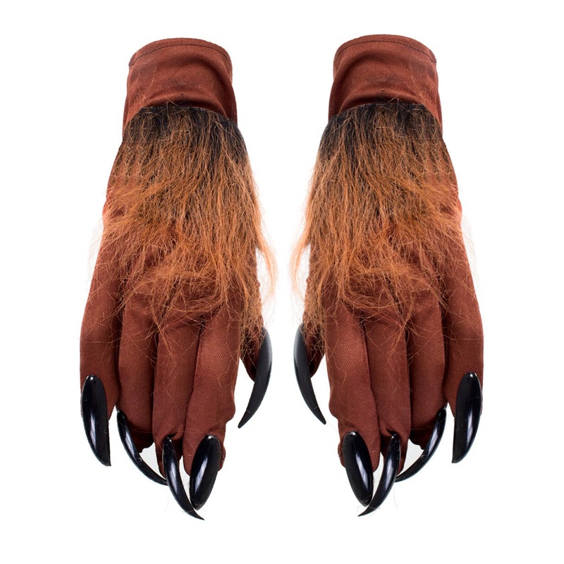 Hairy Brown Werewolf Costume Gloves with Claws