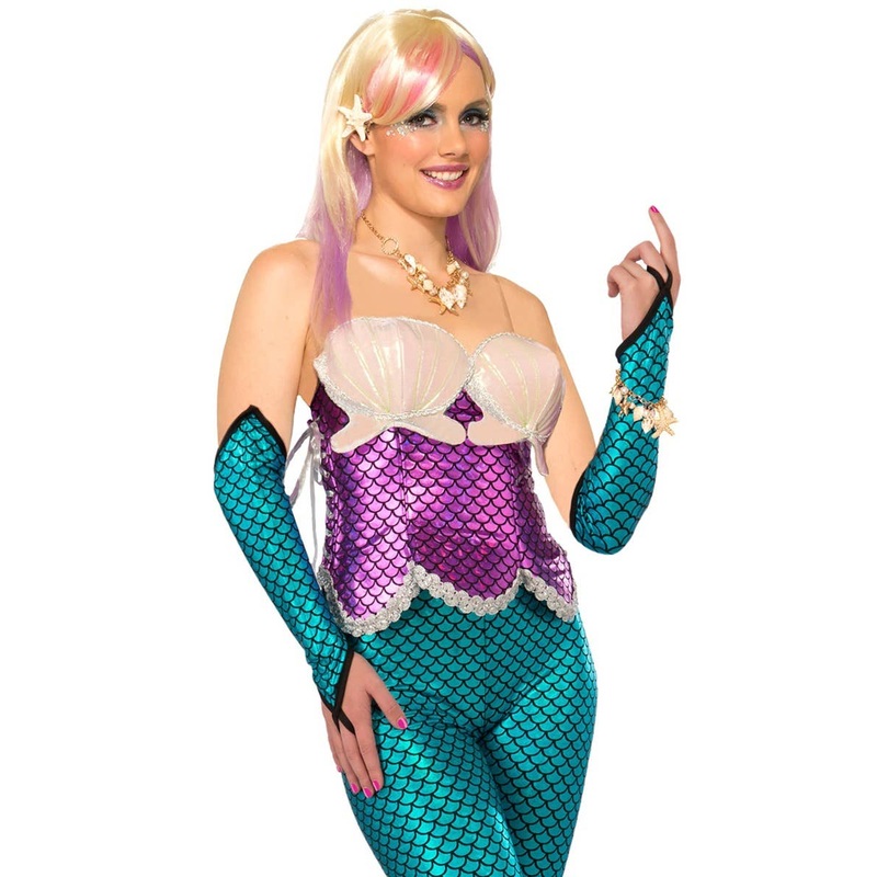 Metallic Blue Womens Mermaid Fingerless Costume Gloves