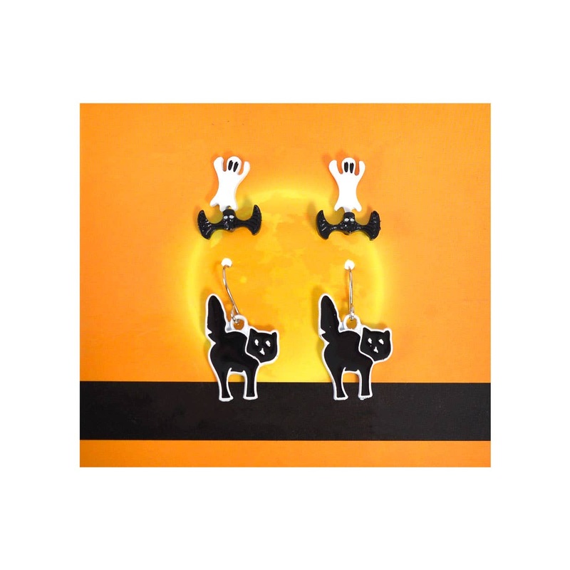 Set of 3 Ghost Bat and Cat Halloween Costume Earrings