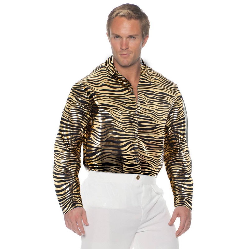 Tiger King Gold Metallic Tiger Print Mens Costume Shirt