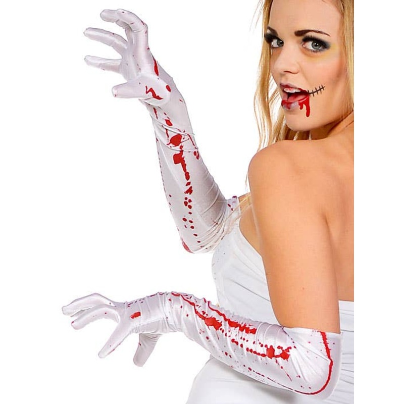 Blood Splattered Long White Halloween Gloves