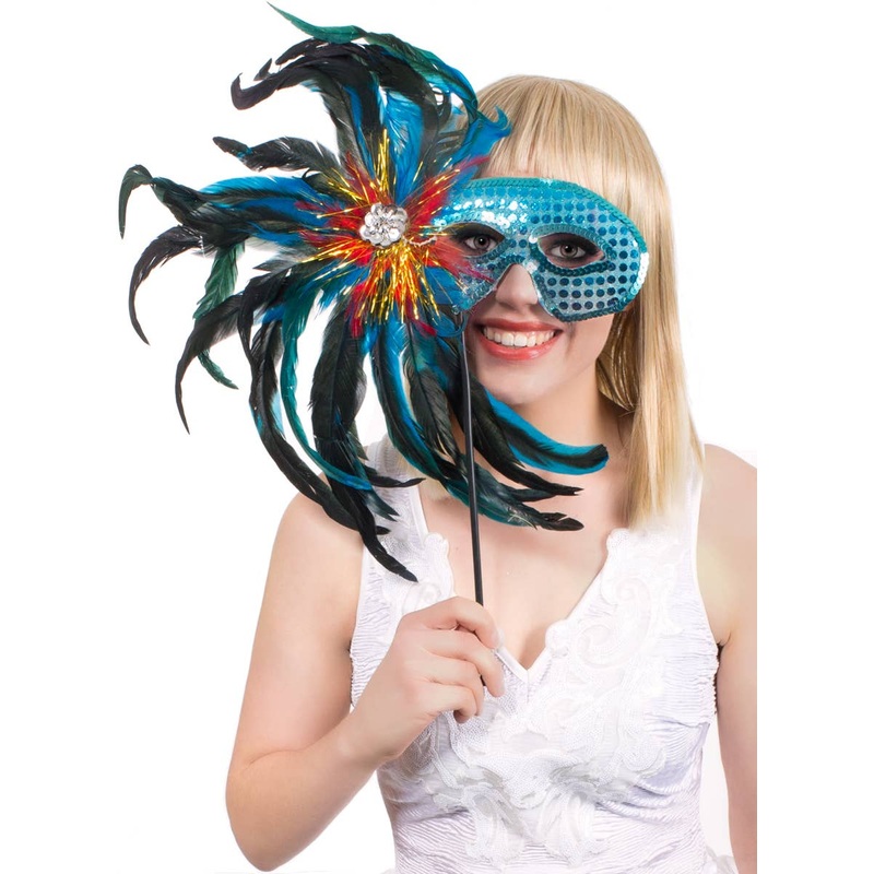 Carnival Flat Feather Blue Hand-Held Masquerade Mask