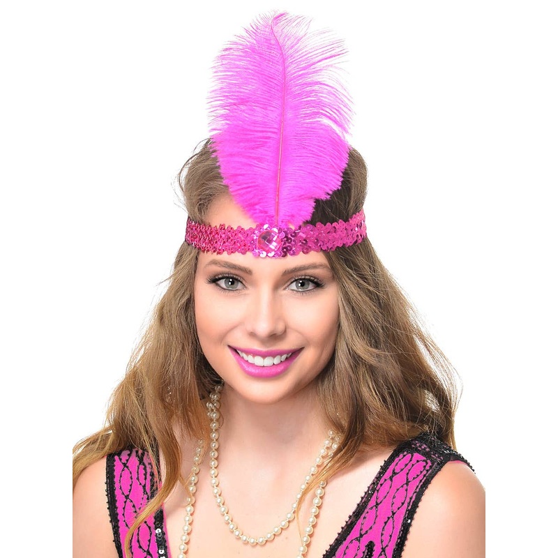 Classic Hot Pink Sequined Flapper Headband with Pink Feather