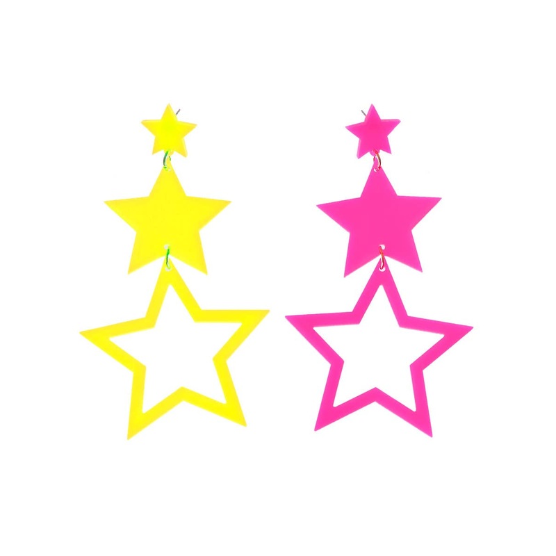 Dangling 1980s Yellow and Pink Stars Costume Earrings