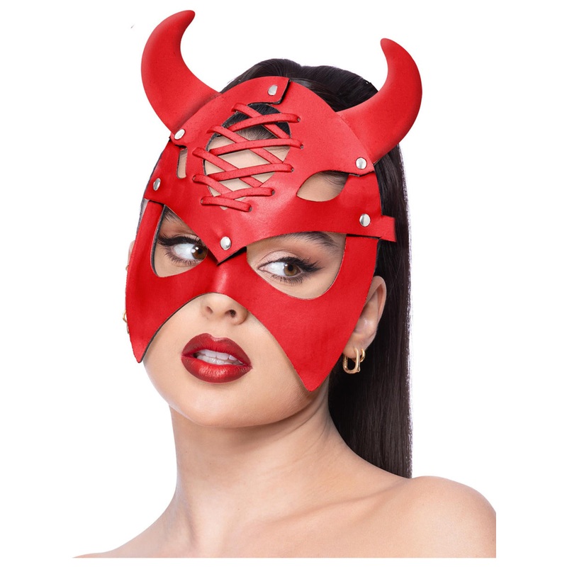 Faux Red Leather Womens Lace Up Devil Mask