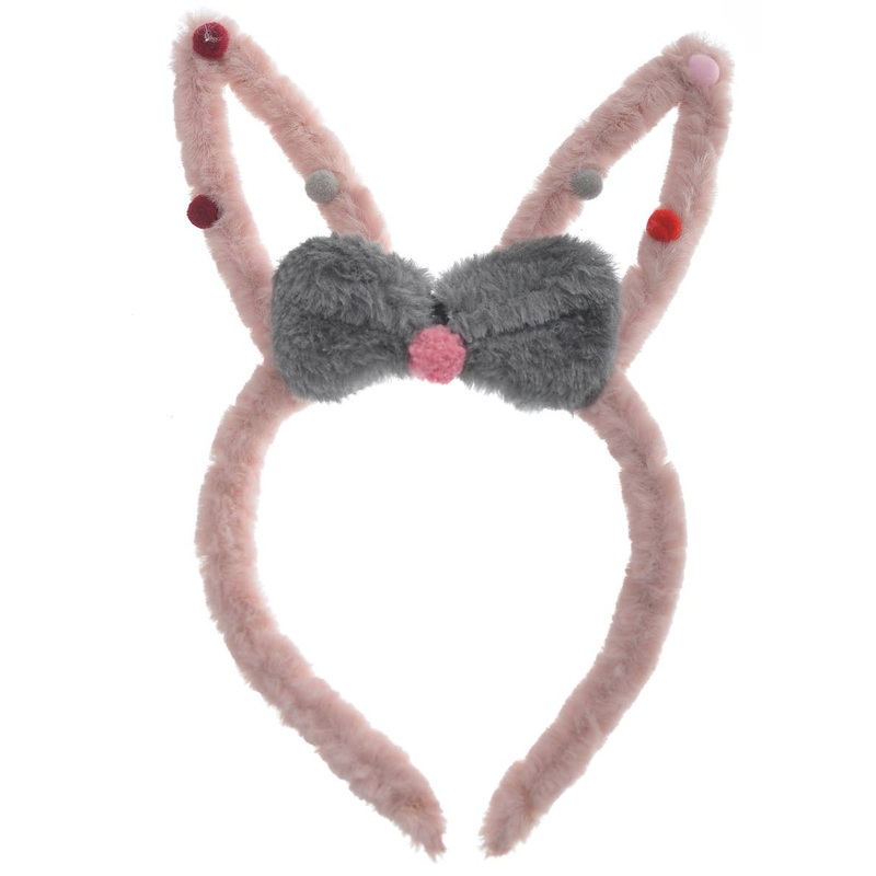 Fluffy Pink Bunny Costume Ears with Grey Bow