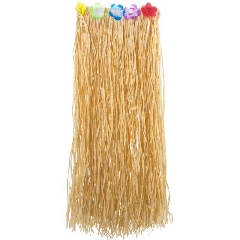 Natural Grass Hawaiian Hula Skirt with Rainbow Flowers