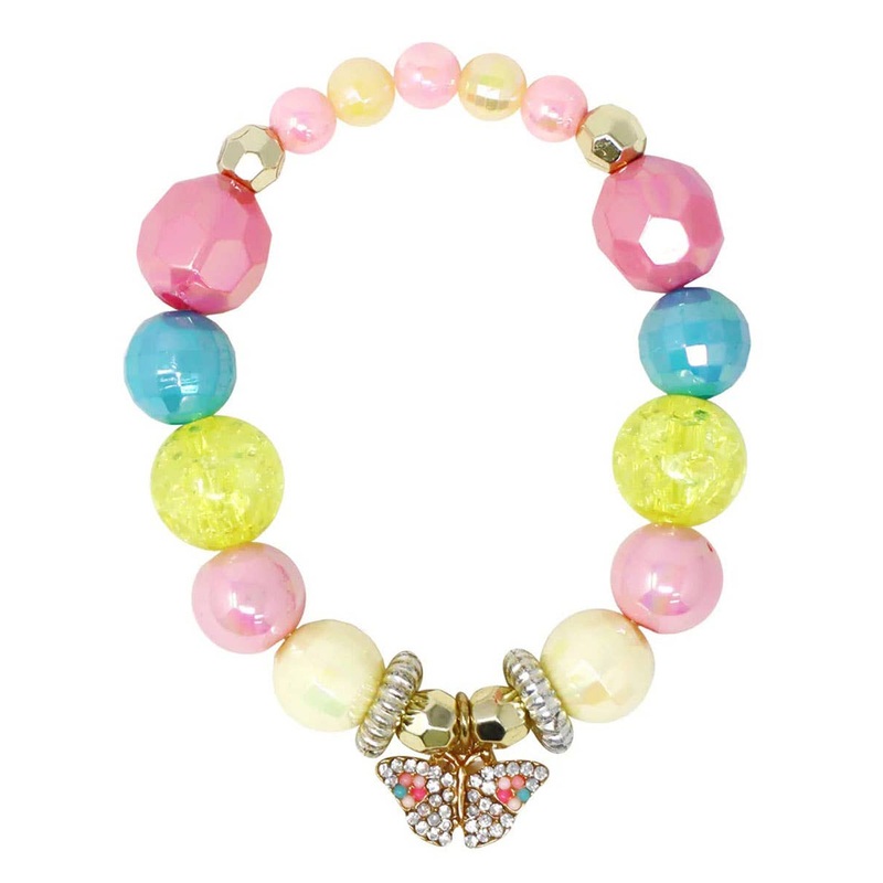 Pastel Beaded Costume Bracelet with Rhinestone Butterfly Charm