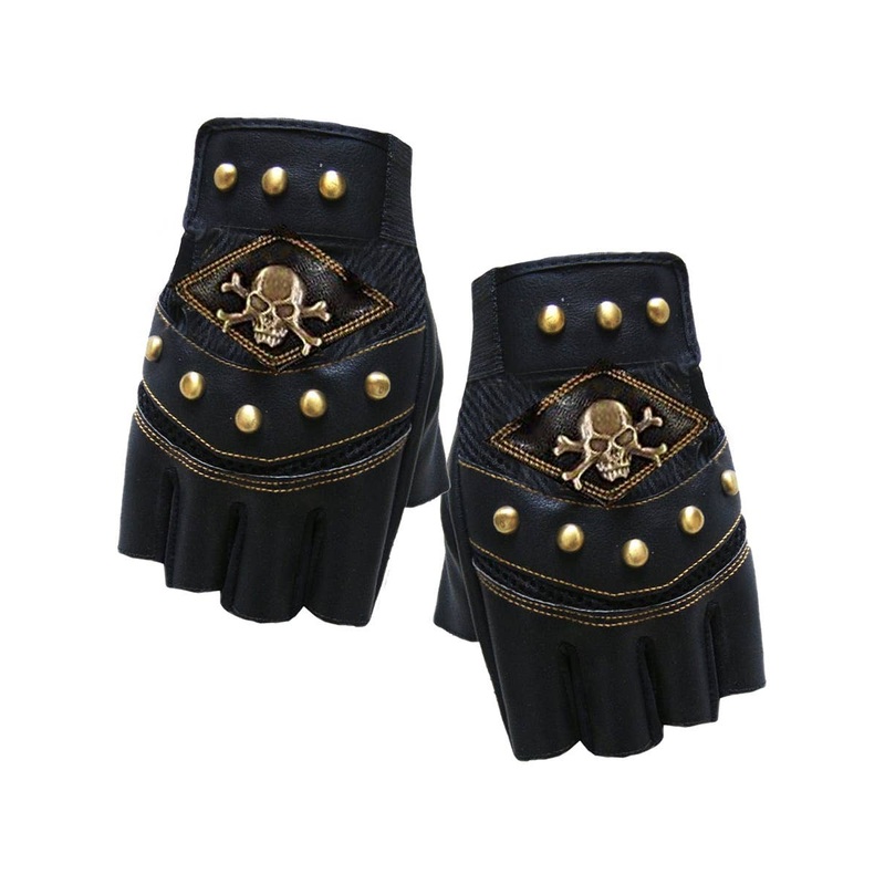 Pirate Skull Adults Fingerless Bikie Gloves