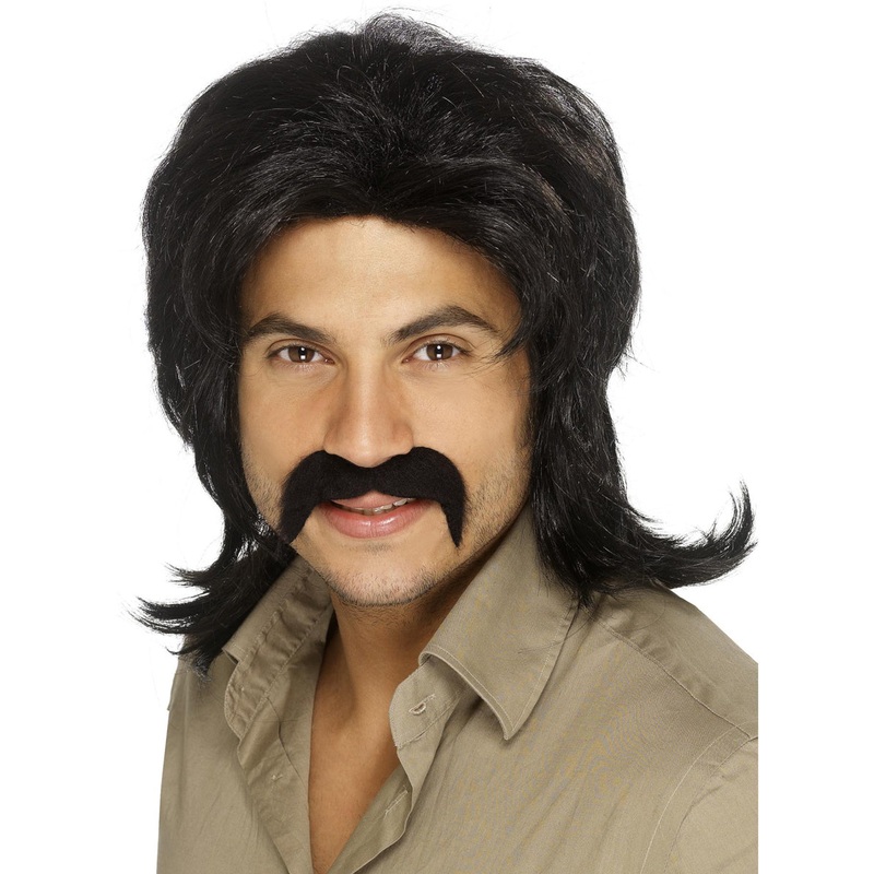 Retro 70s Mens Black Costume Wig And Moustache Set