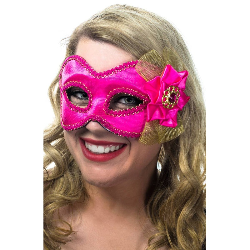 Side Bow Hot Pink and Gold Masquerade Mask on Glasses Arms